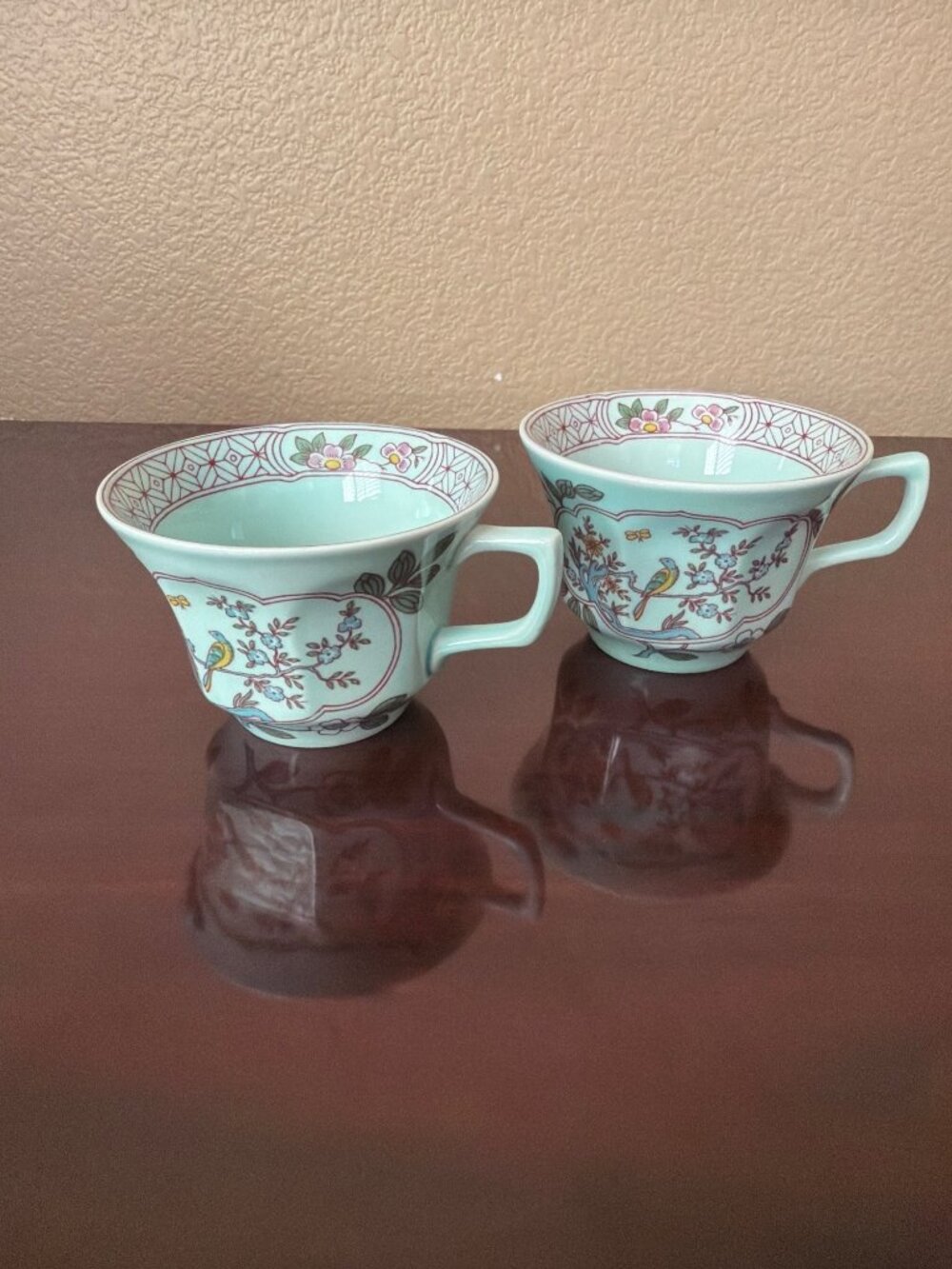 Vintage Adams Calyx Ware Singapore Bird Ironstone Teacups Aqua England Set of 2 - Picture 2 of 12